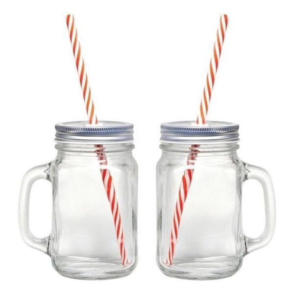 Tarro Mason Jar Vidrio Con Tapa Y Popote Liso 470 Ml