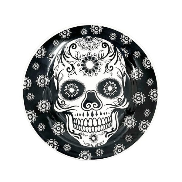 Platos Trinche De Cerámica Decorado Calavera Negra 26 Cm