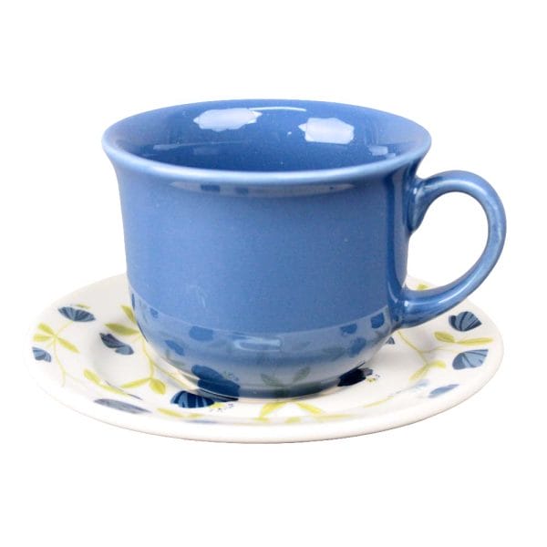 Set Taza Y Plato De Cerámica Decorada Flores Azules 200 Ml