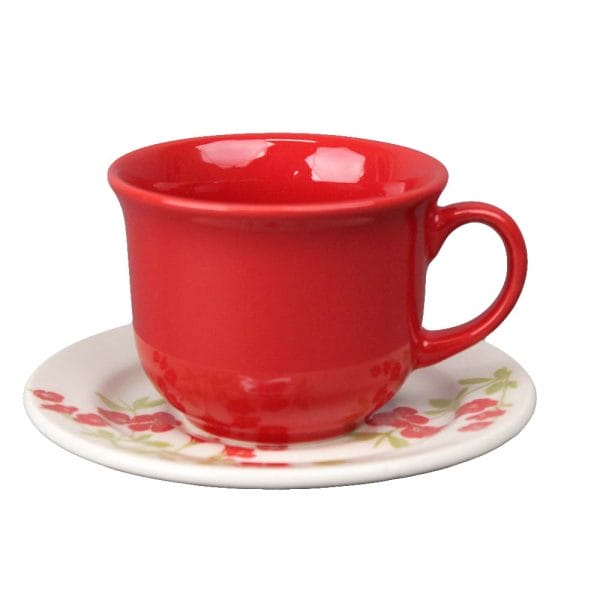 Set Taza Y Plato De Cerámica Decorada Florata Vermelho 200 Ml