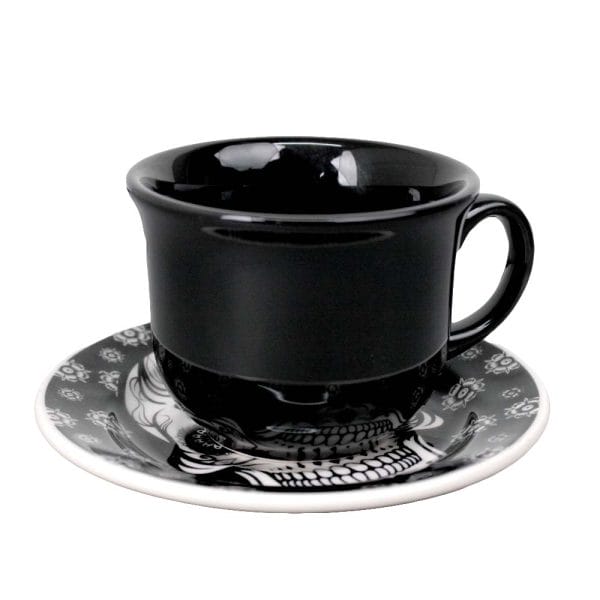 Set Taza Y Plato De Cerámica Decorada Calavera Negra 200 Ml