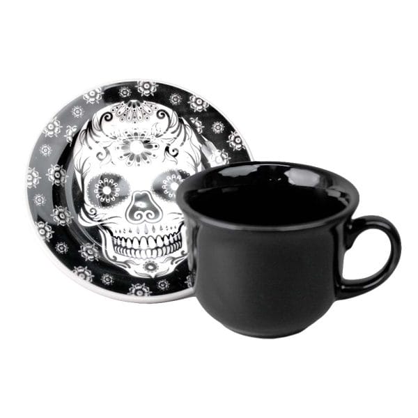 Set Taza Y Plato De Cerámica Decorada Calavera Negra 200 Ml - Image 4