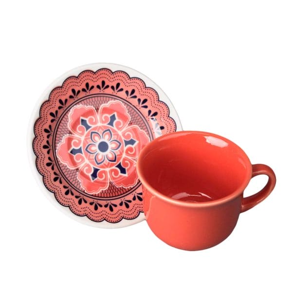 Set Taza Y Plato De Cerámica Decorada Mandala Vermelho 200 Ml