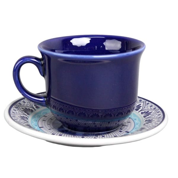 Set Taza Y Plato De Cerámica Decorada Flor Clara Azul Centro 200 Ml