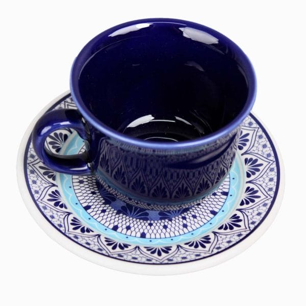 Set Taza Y Plato De Cerámica Decorada Flor Clara Azul Centro 200 Ml - Image 4