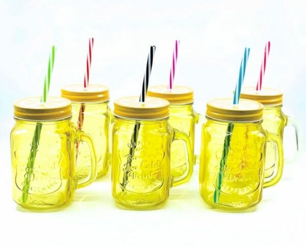 Juego de Tarros Mason Jars Amarillo Con Popote 470 Ml