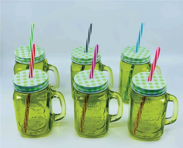 Juego de 6 Tarros Mason Jar Verde Con Tapa Y Popote 470 ML