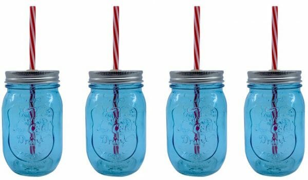 Juego de Vasos Mason Jar Azul Claro Con Tapa Y Popote 470 Ml