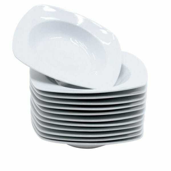 Juego de 12 Platos Hondos Cuadrado Loza Blanca 9"