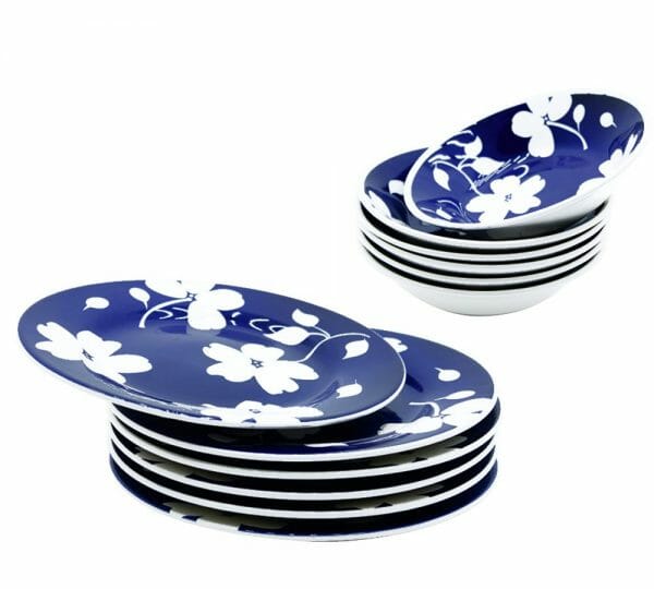 Vajilla Jasmin Azul de Cerámica Plato Hondo y Trinche 12 pzas