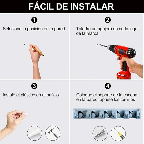 Organizador Escobas Soporte Pared Colgador 5 Espacios Gancho - Image 6