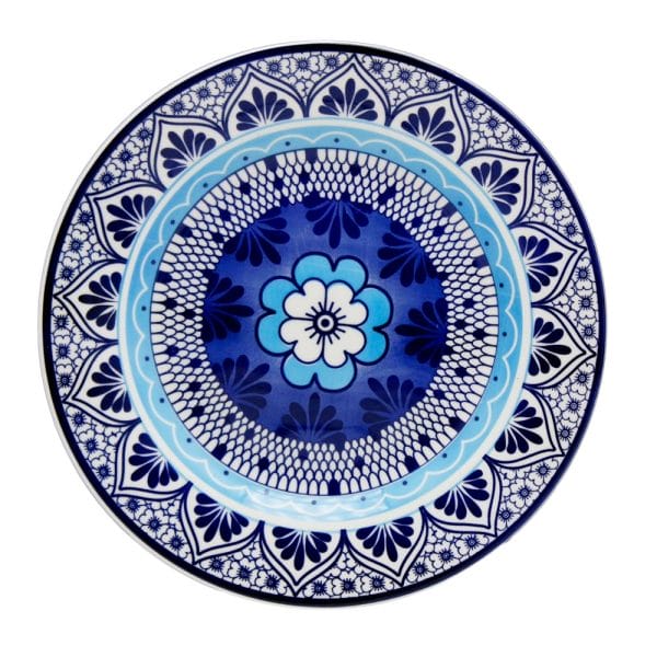 Plato Trinche De Cerámica 26 Cm Decorado Flor Azul Centro